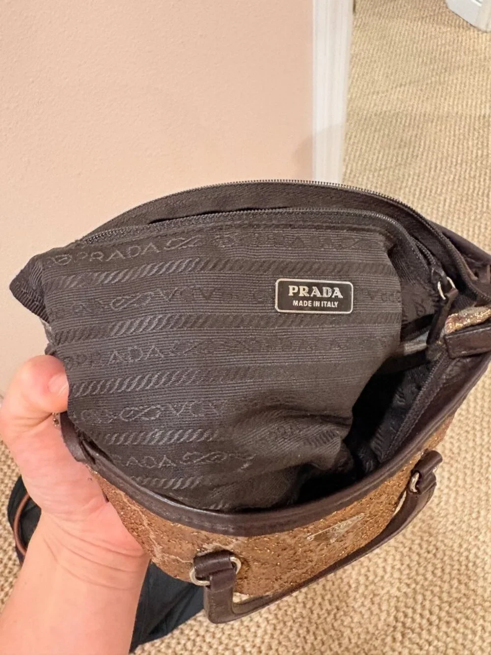 Prada Authentic Vintage Early 2000’s Prada Bronze, Brocade & Leather Handbag - Picture 6 of 6